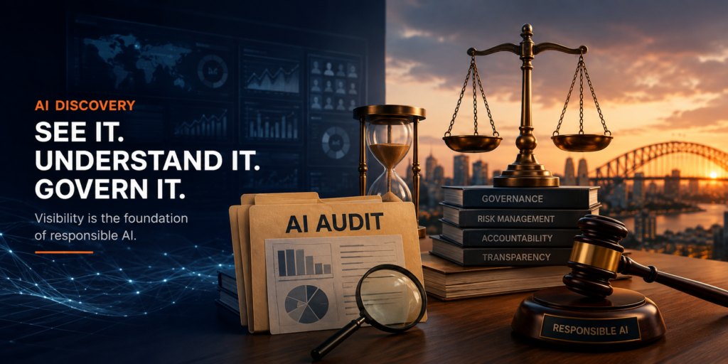 AI Discovery and governance concept showing an AI audit, risk management, accountability and responsible AI oversight.